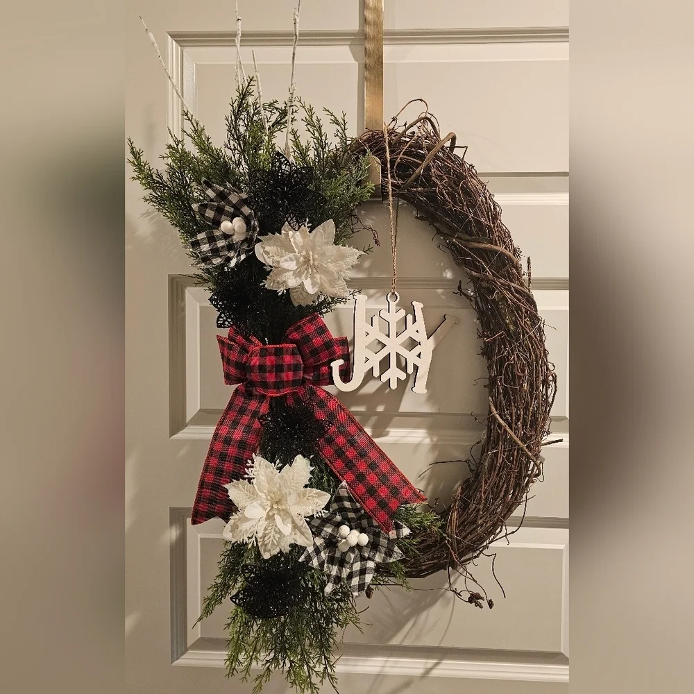 Handmade Farmhouse-style Oval Buffalo Plaid Holiday Wreath. 1 Of A Kind